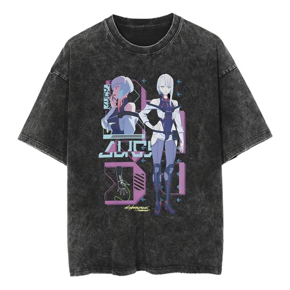Game Cyber Punk LUCY T Shirt Cotton Washed Vintage Oversized T-shirt Y2k Harajuku Street Casual Loose Short Sleeve Tees