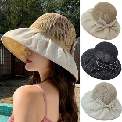 Large Brim Hollow Out Sun Visor Cap for Women Matte Organza Mesh Bow Bucket Hat Summer Anti-UV Sunshade Print Bowknot Beach Hats Dome Bucket Hat