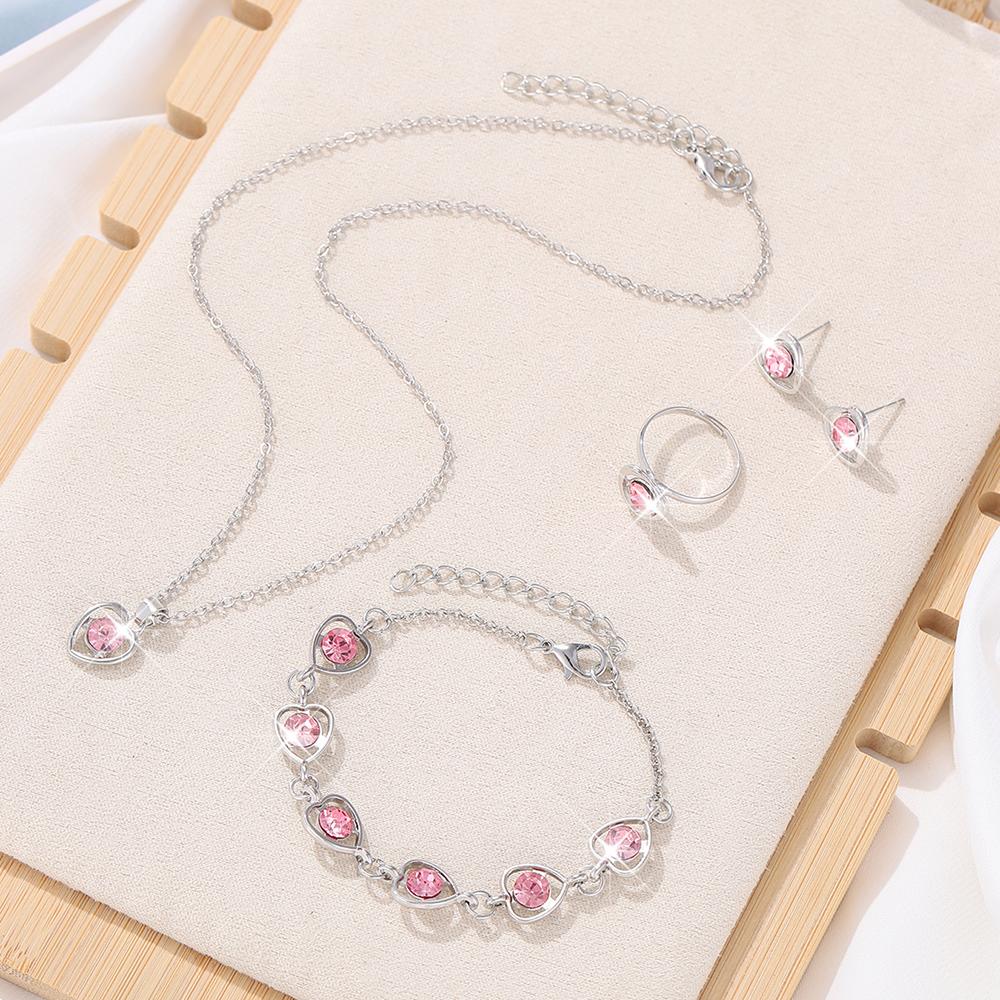 5 Piece Set Women Crystal Love Zircon Fashionable Elegant High End Peach Heart Necklace Earrings Rings Bracelets Necklace Set