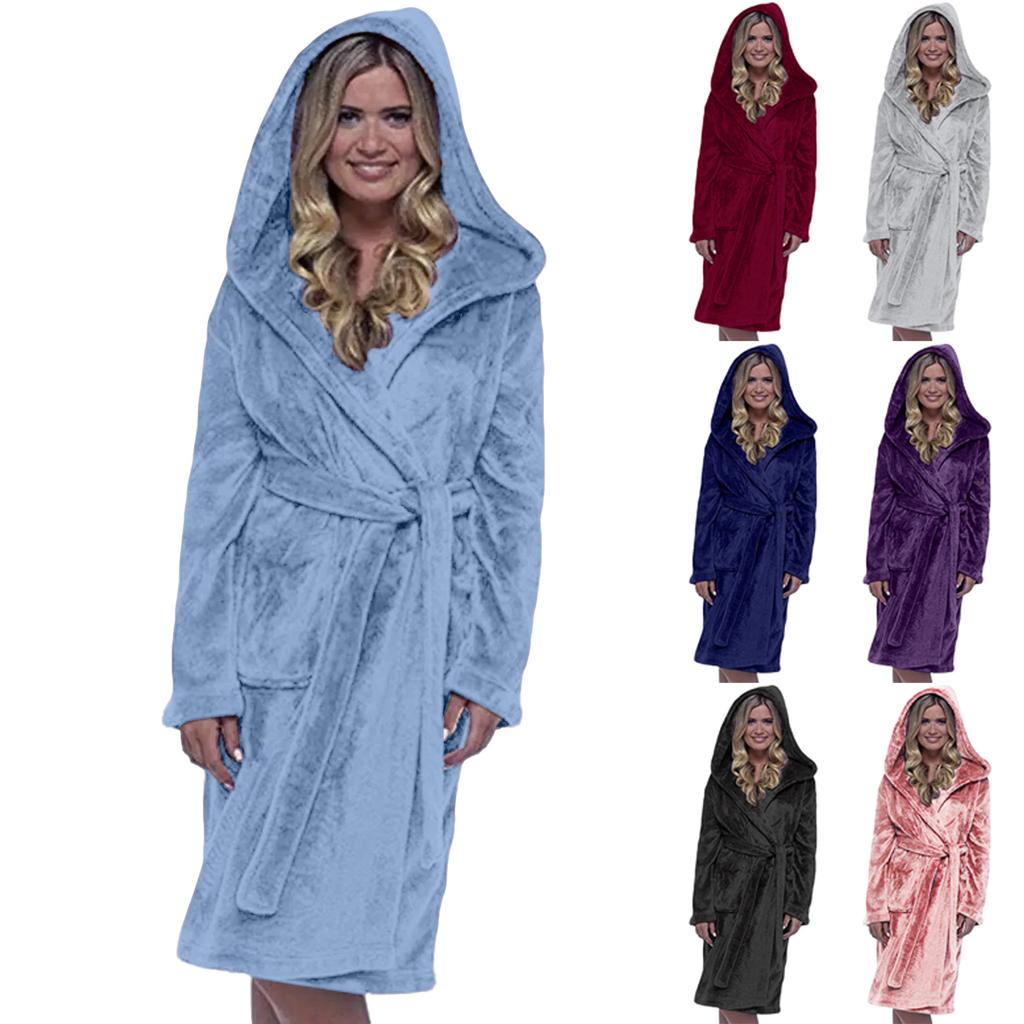 Women's Solid Color Long Sleeved Plush Bathrobe With Belt