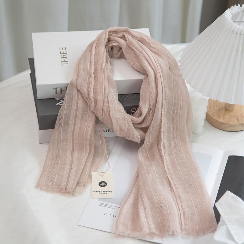 Solid Color Elegant Hollow Literary Cotton And Linen Short Small Scarf Women'S Spring And Summer Narrow Version Linen Sunscreen Yarn Thin