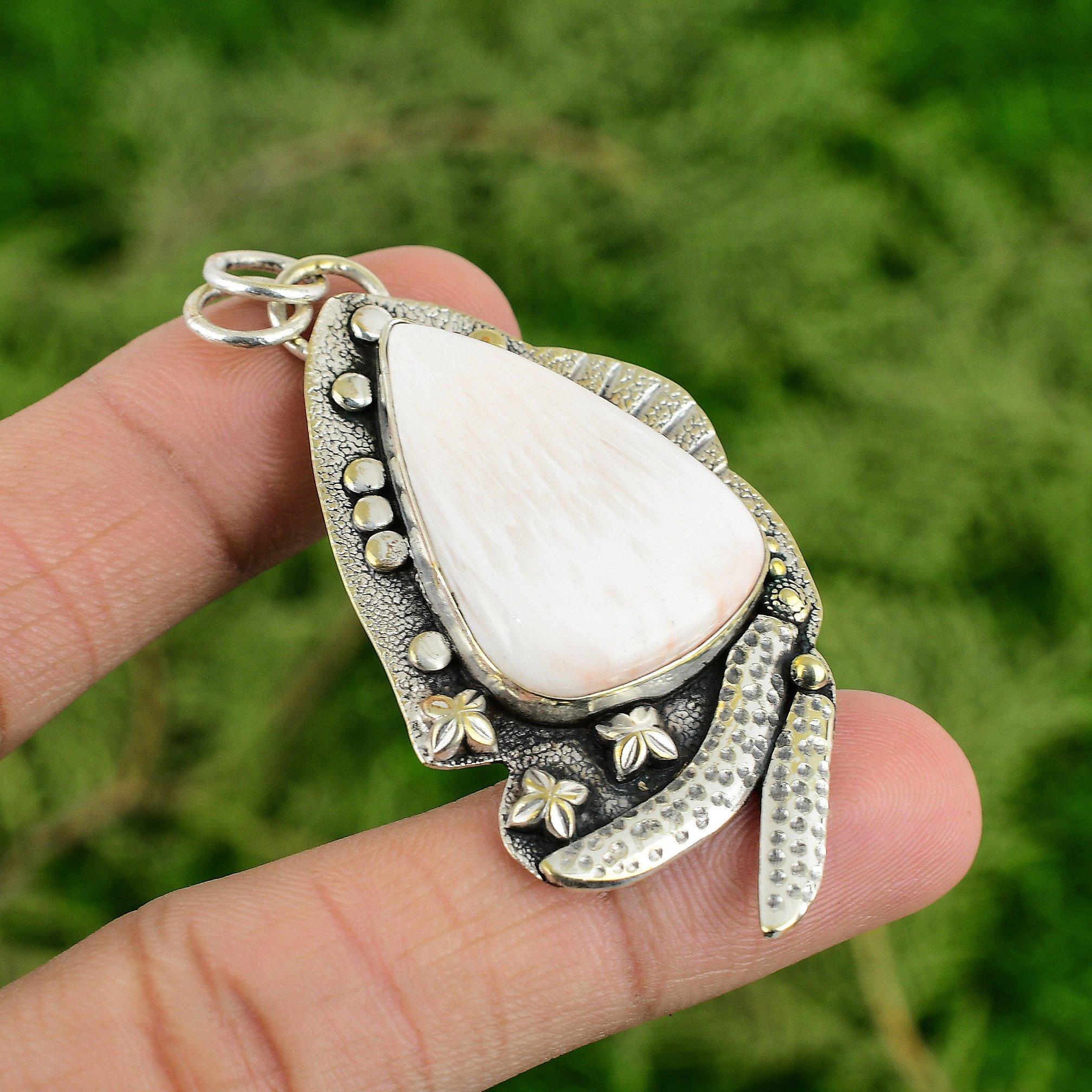 

Sterling Silver Trillion Scolecite Gemstone Bezel Artisan Engagement New Pendant