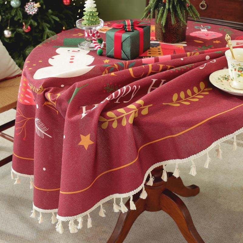 Christmas Round Tablecloth with Tassel Polyester Cotton Printed Table Cloth Red Green Decorative Table Cover for Home Decoration
