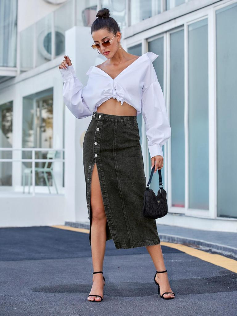 Women's European & American High Waist Irregular Slit Denim Long Skirt