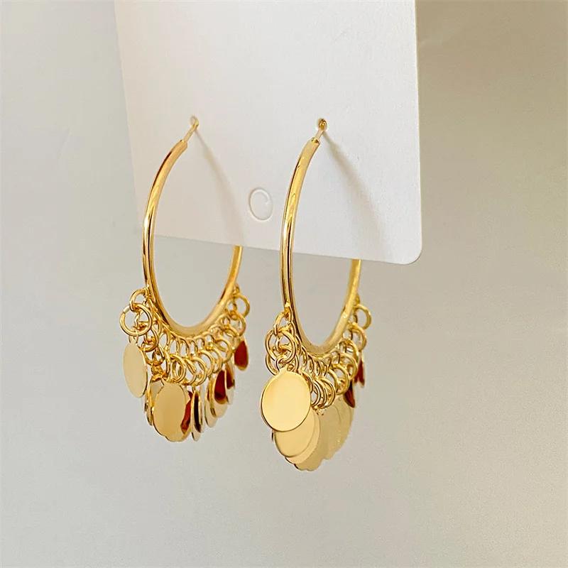 Vintage Bohemian-Style Large Hoop Earrings With Disc Pendants. These Sequined Earrings Are Stylish Geometric Round Pen