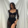 Sexy Backless Long Split Lace Dress for Women Square Collar Three Quarter Sleeve Summer Solid Dress
