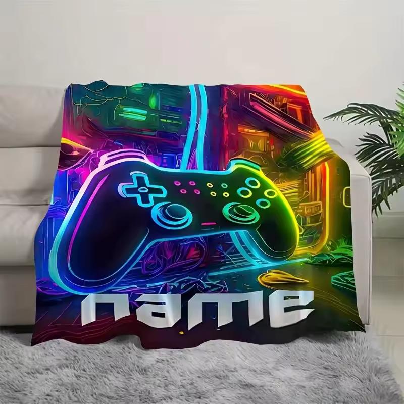 Personalized Custom Name Gaming Blanket Neon Glow Flannel Throw All-Season for Bedroom Living Room Decor Gamer Room Accessory