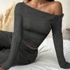 Women's 2 Piece Outfits Fall Casual Boat Neck Long Sleeve Ribbed Top Wide Leg Pants Matching Lounge Set