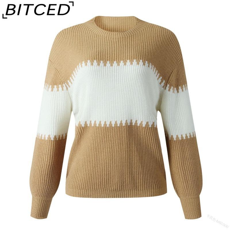 BITCED Color-Block Striped Sweater with Lantern Sleeves Women's O-Neck Top in European Style
