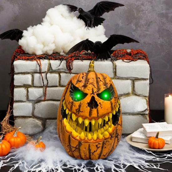 Halloween Pumpkin Light Decoration Mouth Open Extendable Scary Pumpkin Lantern with Glowing Eyes for Porch Patio Indoor Outdoor Decor