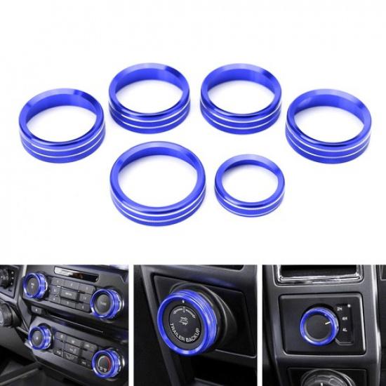

6pc Blue AC Stereo Volume/Tune Trailer Switch Knob Ring Covers For 2016-20 F-150