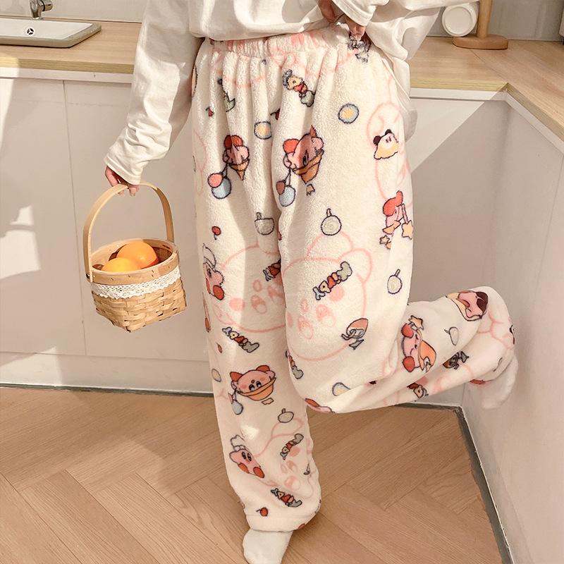 Korean Style Women's Fleece Pajama Pants - Flannel Cartoon Design for Autumn and Winter