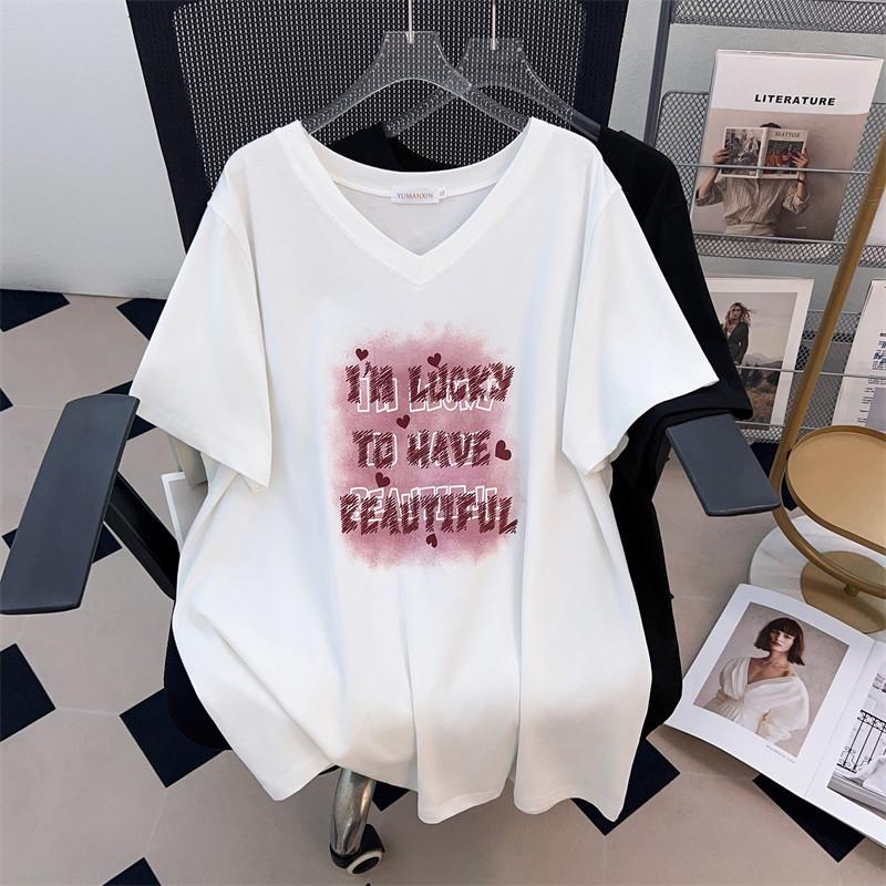 

V-Neck Plus Size Slimming Loose Mid-Length Short-Sleeve T-Shirt for Women 200/300/350 jin (Style 652) 5XL