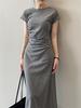 [YUANYUAN] CREAM Dress for Women - Slim Fit, Tight, Long Length, Round Neck, Slimming, Wing Sleeves, Pleated, High Waist, Elegant, Stylish, Fashionabl