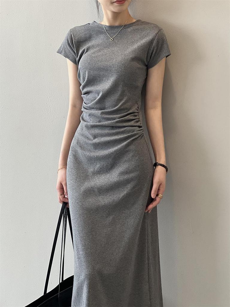 [YUANYUAN] CREAM Dress for Women - Slim Fit, Tight, Long Length, Round Neck, Slimming, Wing Sleeves, Pleated, High Waist, Elegant, Stylish, Fashionabl