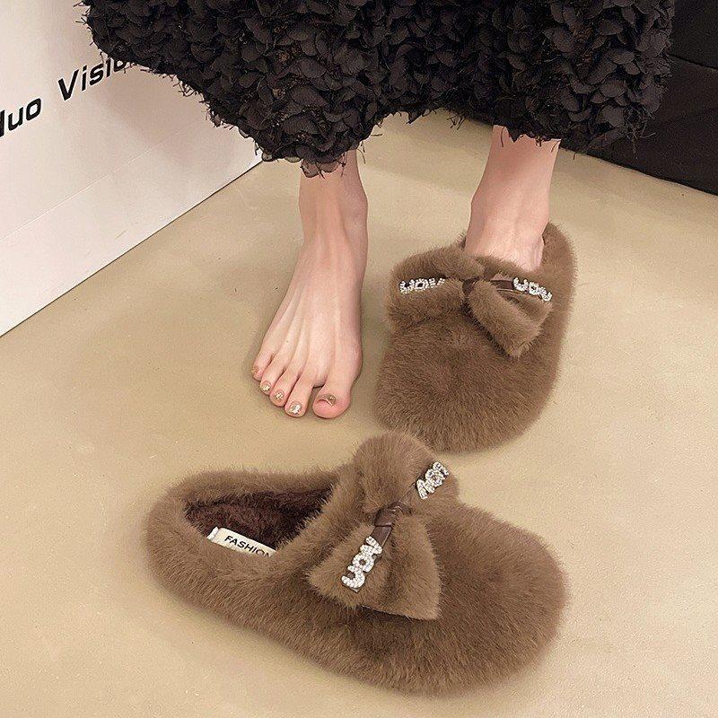2025 new autumn and winter super fire beautiful plush warm flat bottom bag head cotton slippers fluffy slippers women wear half drag