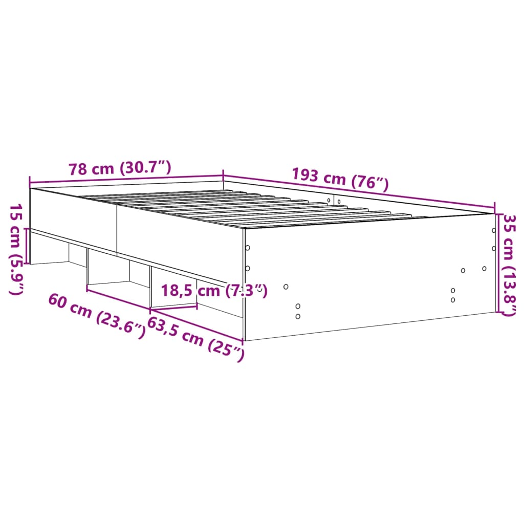 Bed Frame Grey Sonoma 75 x 190 cm Particleboard