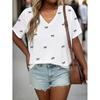Womens V-Neck Short Sleeve Loose Fit T-Shirt With Floral Lake Scene Cartoon Bun Girl Print 2025 Casual Top