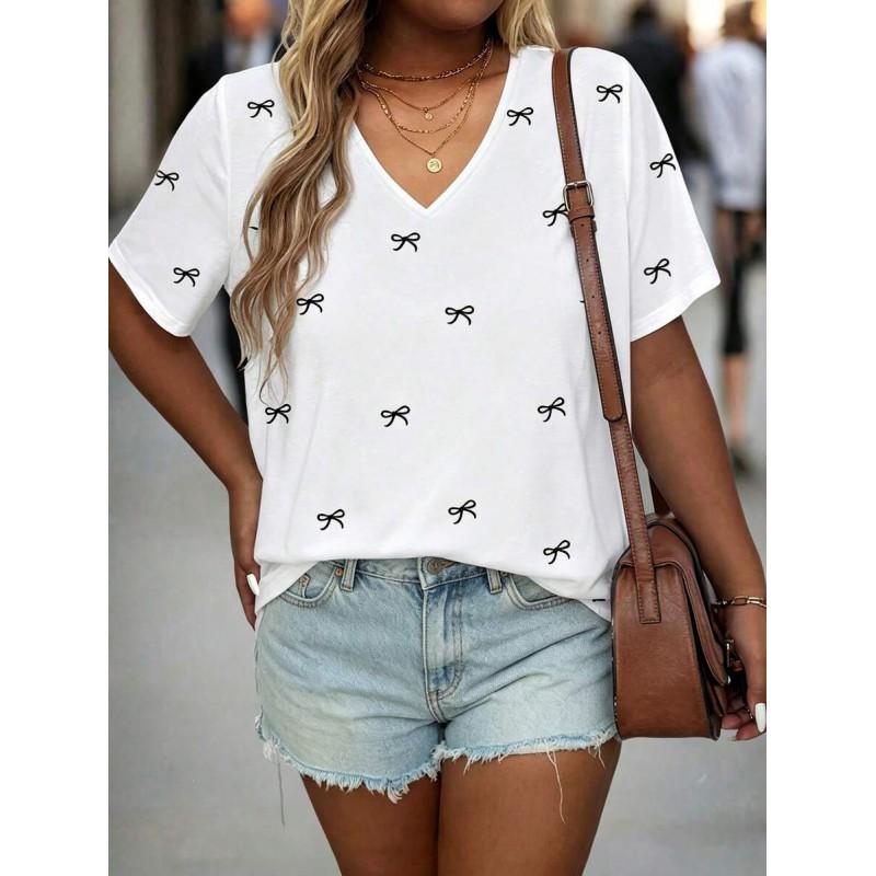 Womens V-Neck Short Sleeve Loose Fit T-Shirt With Floral Lake Scene Cartoon Bun Girl Print 2025 Casual Top