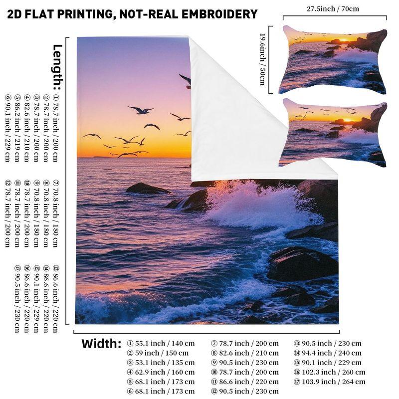 Pillowcase Quilt Cover 3-Piece Bedding Coast Sunset Golden Sunset Waves Reef Seagull Pattern 140cmx200cm