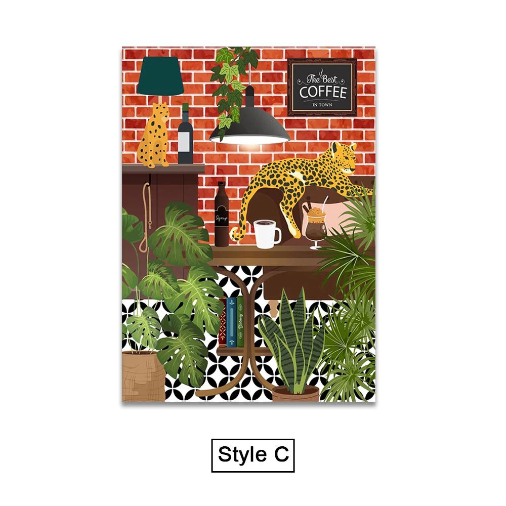 Abstract Tropical Plant Flower Black Cat Posters Boho Wall Art Canvas Paintings Prints Wall Pictures For Living Room Decor