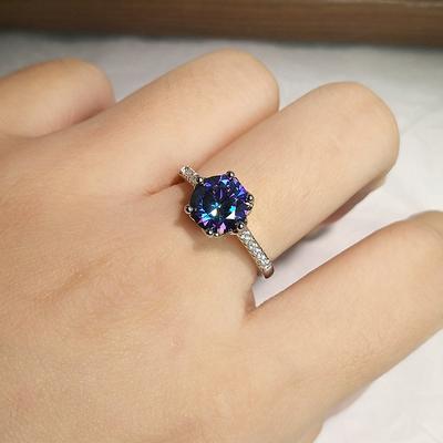 Inlaid 2 Carat Imitation Colorful Ring, White Gold-Plated Colorful Laser Lotus Ring.