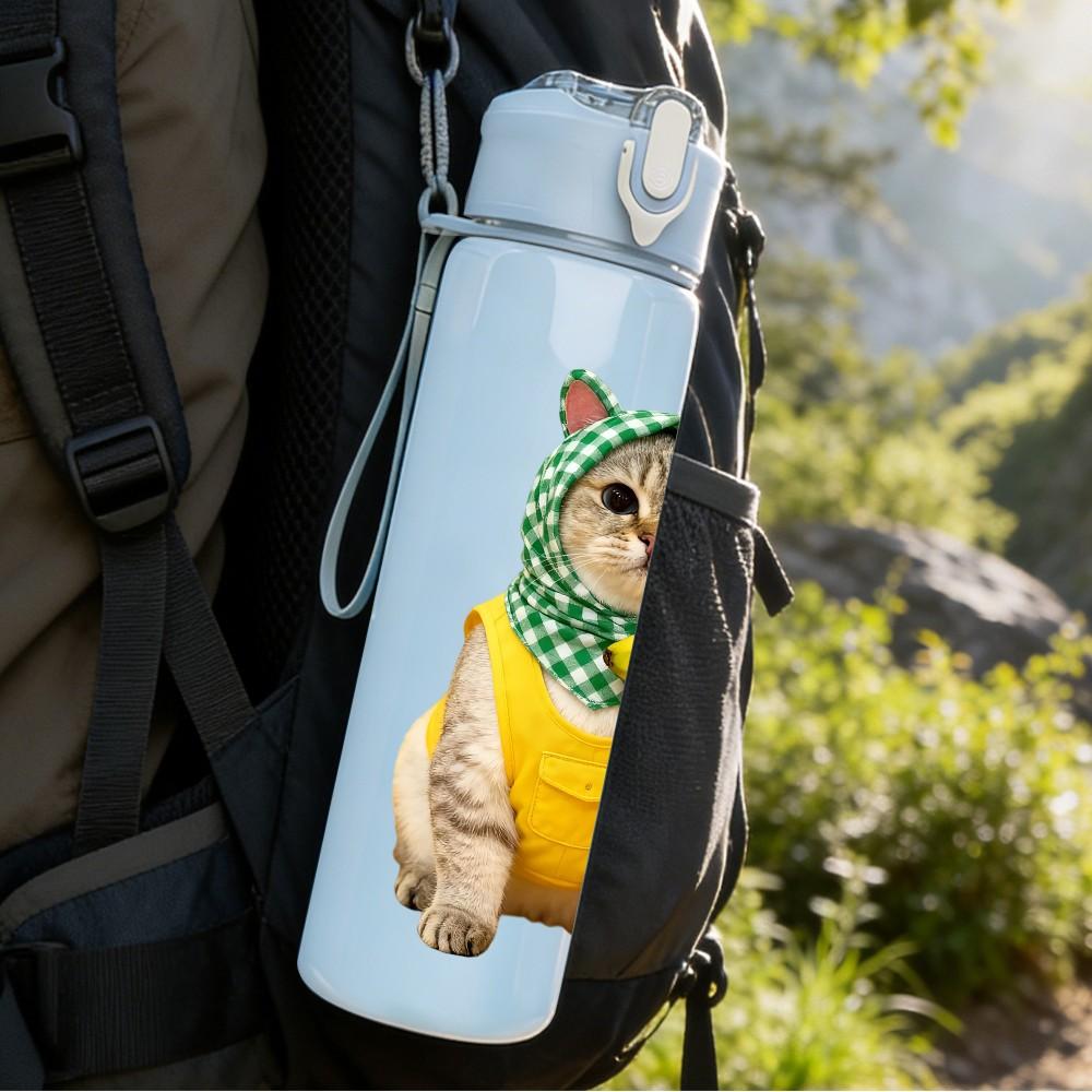 1PC Cute Cat With Banana 750ml Color Plastic Sports Water Bottle Leakproof Flip Straw Lid Suitable for Sports Office Home Use