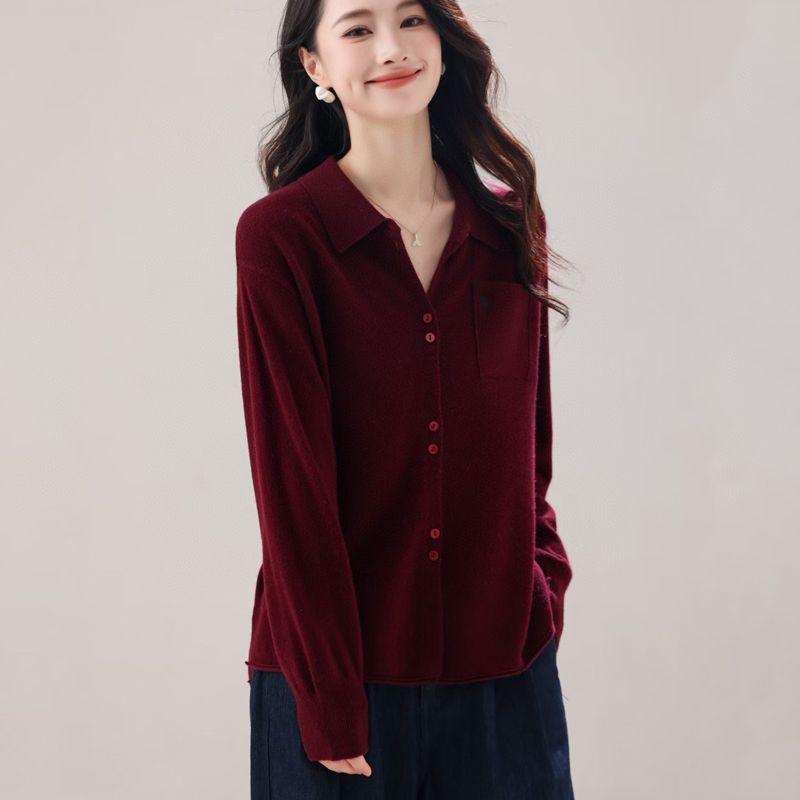 

Hengyuanxiang Рубашка-поло из чистой шерсти в K-стиле с длинными рукавами Ankoala Red One size