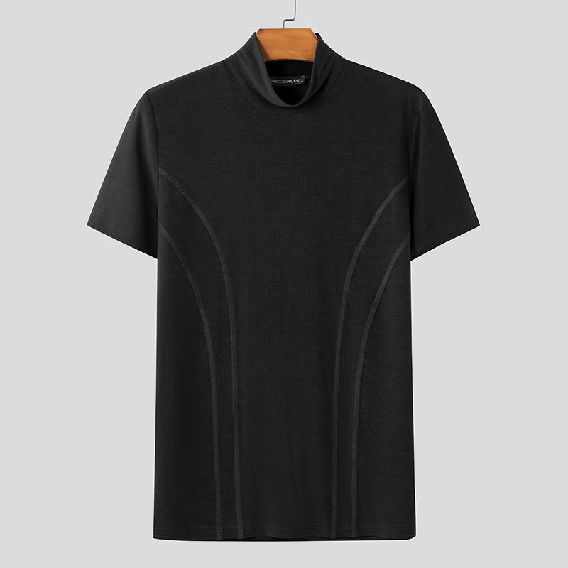 INCERUN Men Mockneck Short Sleeve Solid Color Casual Fittd T-shirts Tops
