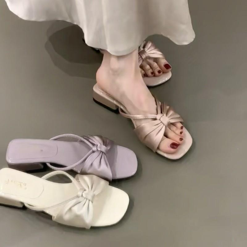 Fashion Bow Chunky Summer Shoes New Sexy High Heels Women Slippers Sandals Designer Flip Flops Open Toe Party Pumps Slides Zapatos Mujer