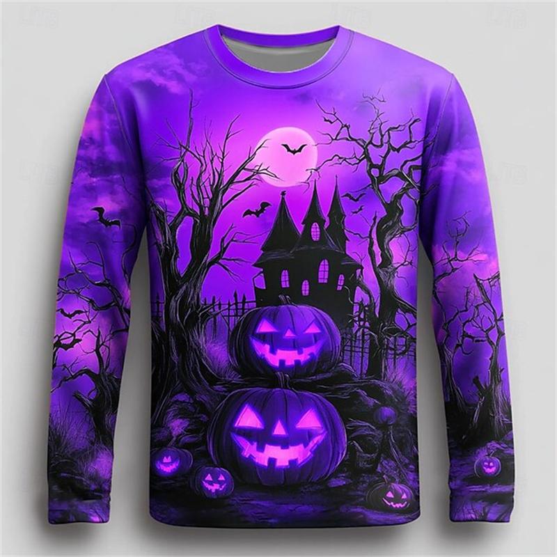 2025 New Long Sleeve T-Shirts For Men Fall Halloween Pumpkin Print T Shirt Vintage Streetwear Casual Tops Halloween Theme Tees