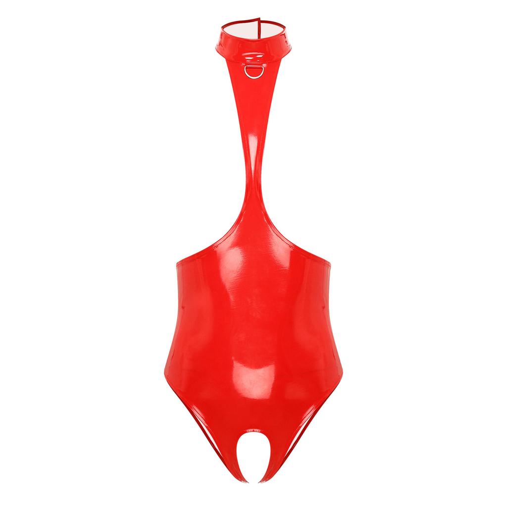 Dámská kožená ohlávka Wet Look Otevřená přední bezrozkroková spodní prádlo Bodysuit Clubwear Noční prádlo