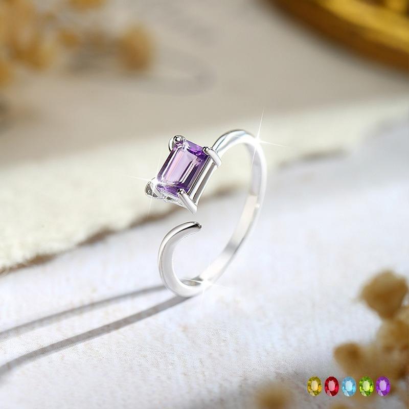 S925 Pure Silver Crystal Open Ring, Adjustable Size, 6 Colors Optional, Minimalist Korean Style Band Jewelry Gift for Girlfriend
