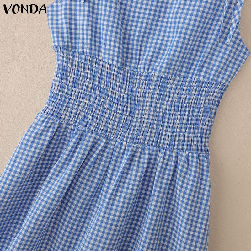 VONDA Women Sleeveless Elastic Waist Plaid Print Ruffled Casual Mini Tank Dress