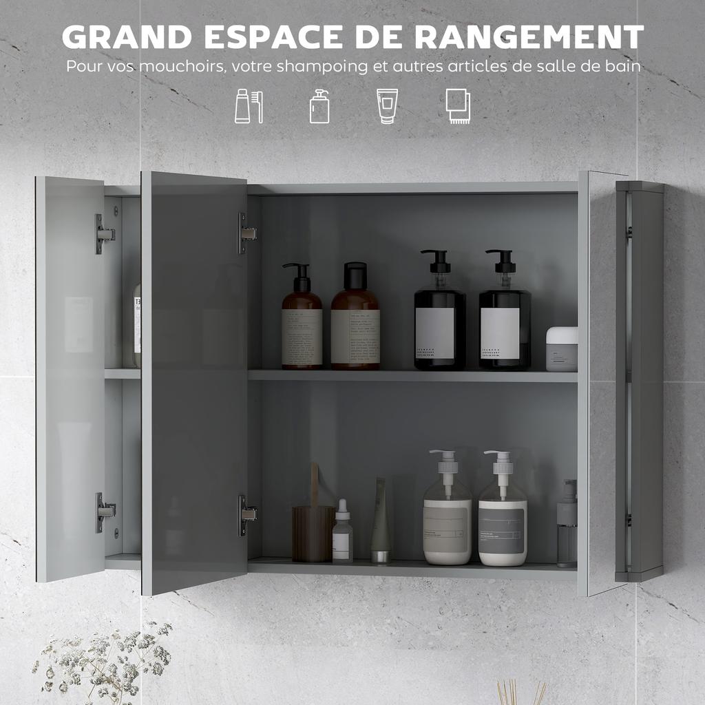 Bathroom Wall Cabinet, 3 Mirrored Doors, Adjustable Shelves, MDF, 90 x 15 x 60 cm, Grey