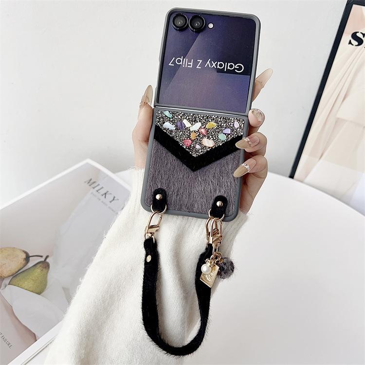 Applicable To Samsung ZFlip7 Splicing Rhinestone Mink Hair Mobile Phone Case ZFlip6 Portable Lanyard Folding Screen Protective Case