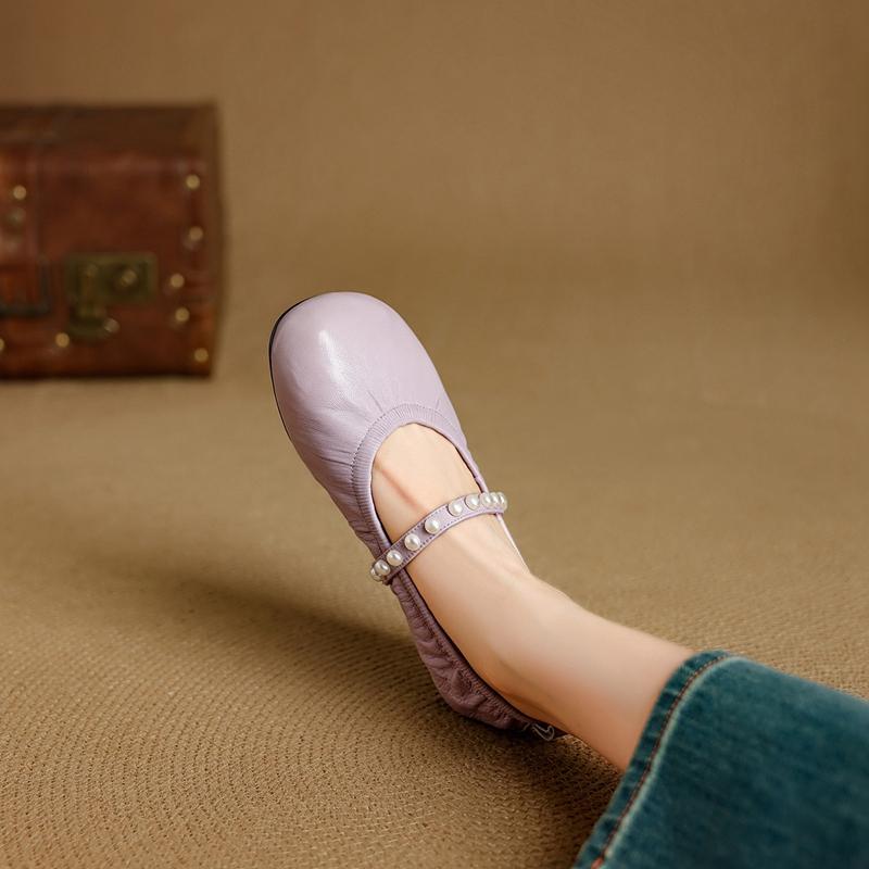 Fashion New women's pearl sheepskin spring and autumn round toe soft and comfortable ballet low heeled Mary Jane shoes single shoe