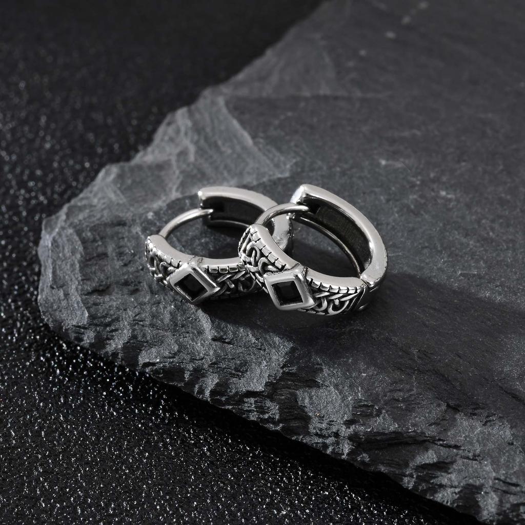 Men's Unique Rhombus Hoop Earrings, Stainless Steel Silver Color Vintage Small Earrings, Punk Gothic Trendy Jewelry for Men Boy