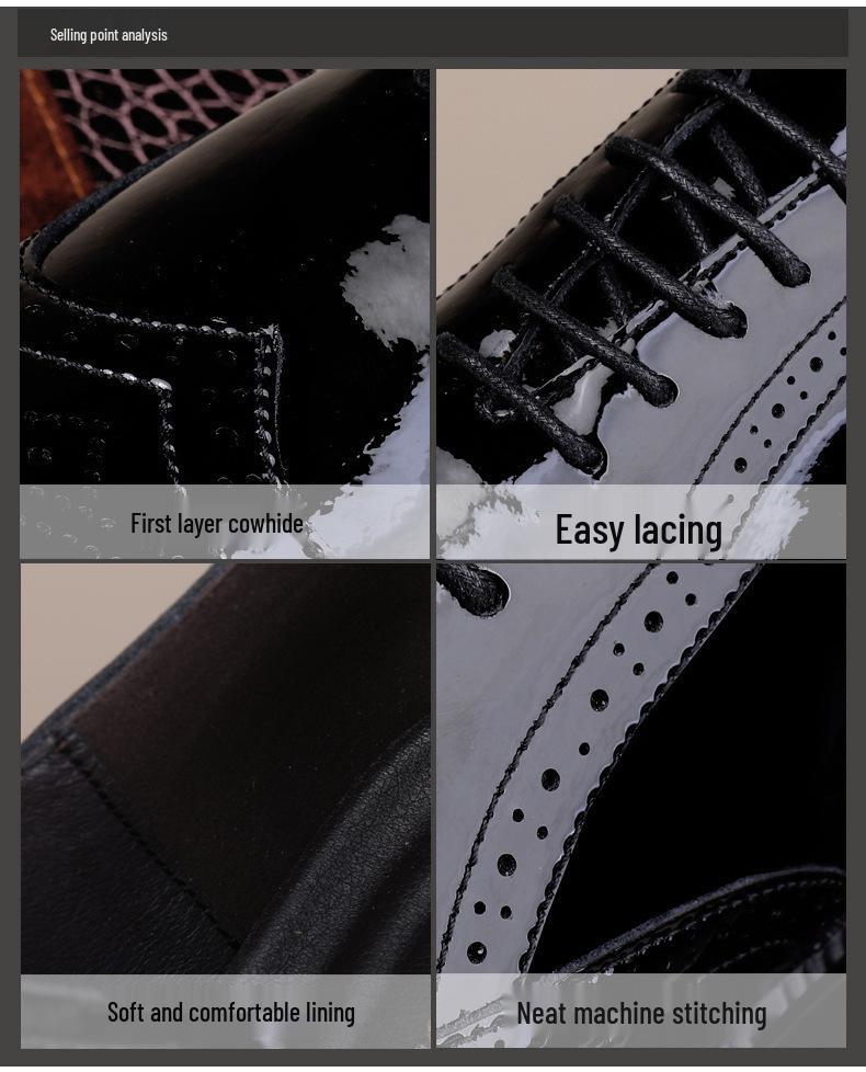 Men's Round Toe Brogue Carved Leather Shoes - British Style, Formal Business, Casual, Thick Sole, Shiny Finish.