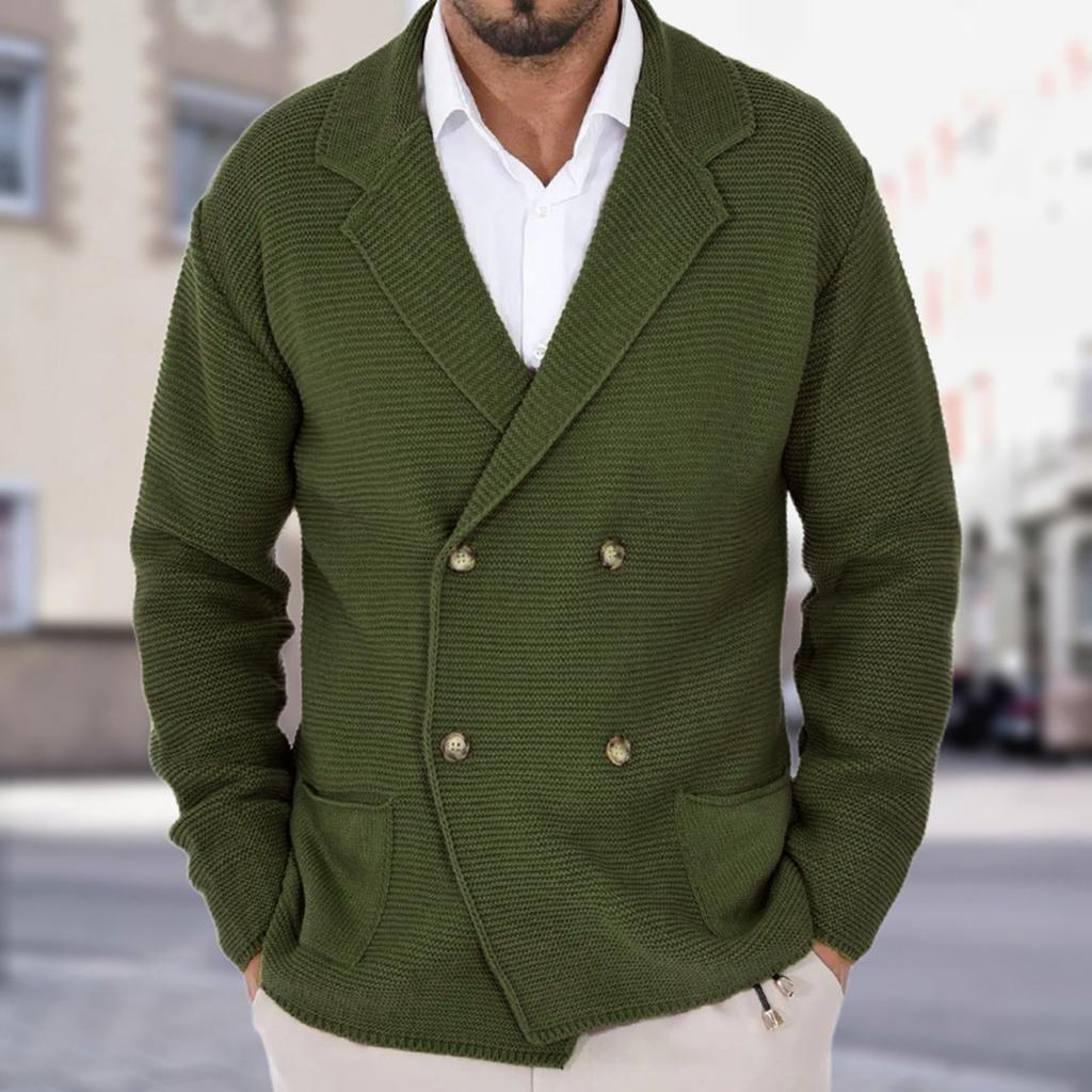 Men's Solid-Color Knitted Cardigan, Slim-Fit Cuban Collar, Turn-Up Collar, Double-Breasted Sweater