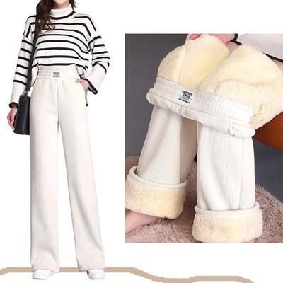 Damen Winterhose mit Fleecefutter und weitem Bein, lässig, verdicken, warm, Baggy-Jogginghose, hohe Taille, koreanische Version des Lammflusens, gerade Pantalones