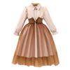 Girls' Long-Sleeve Mesh Patchwork Dress with Waistband and Turn-Down Collar