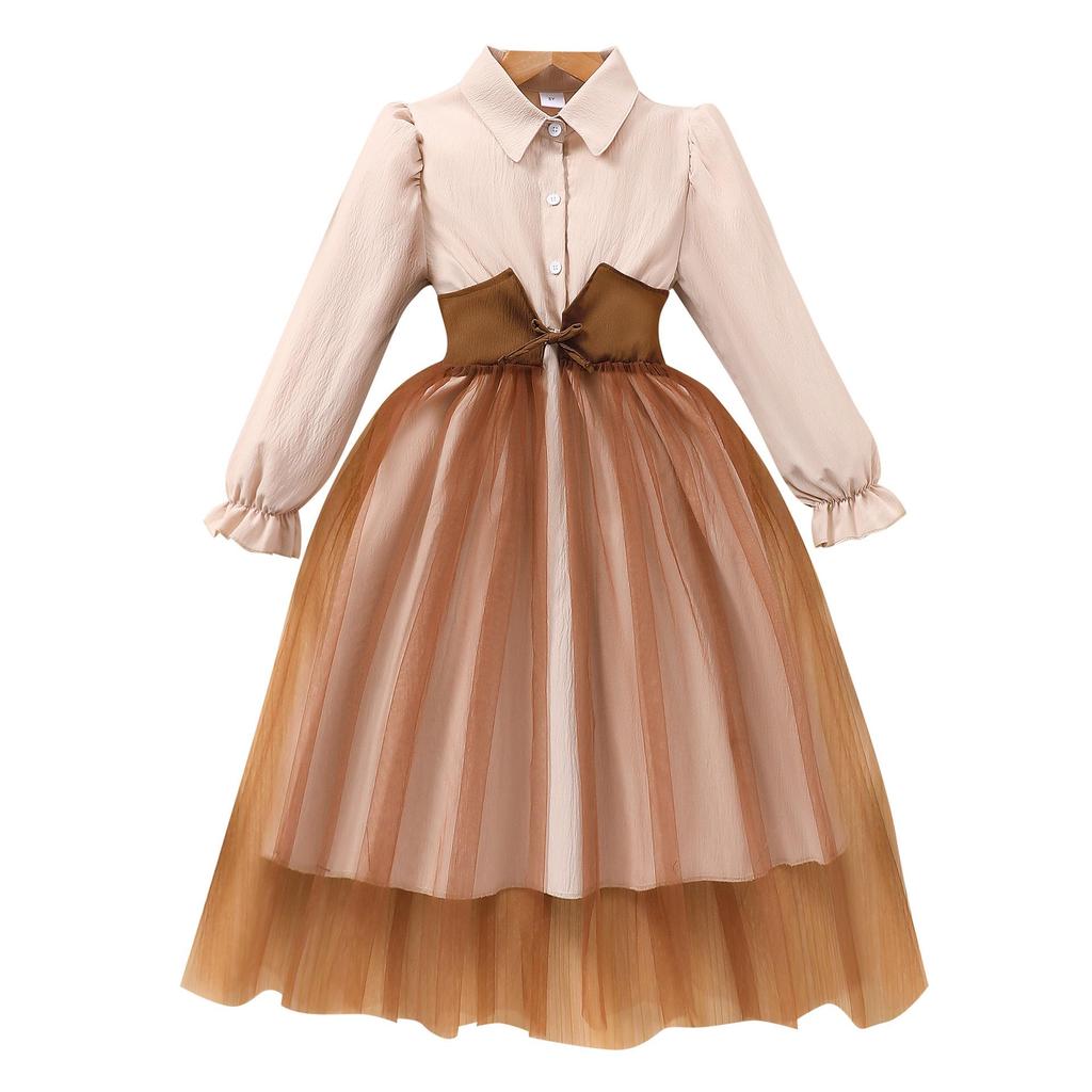 Girls' Long-Sleeve Mesh Patchwork Dress with Waistband and Turn-Down Collar