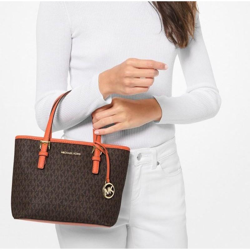 Michael Kors Mk Jet Set Monogram Color Block Tela Rivestita Pelle Borsa Tote Borsa Shopping A Spalla Crossbody Borsa a Mano Mini 35T9GTVT0B-TANGERINE