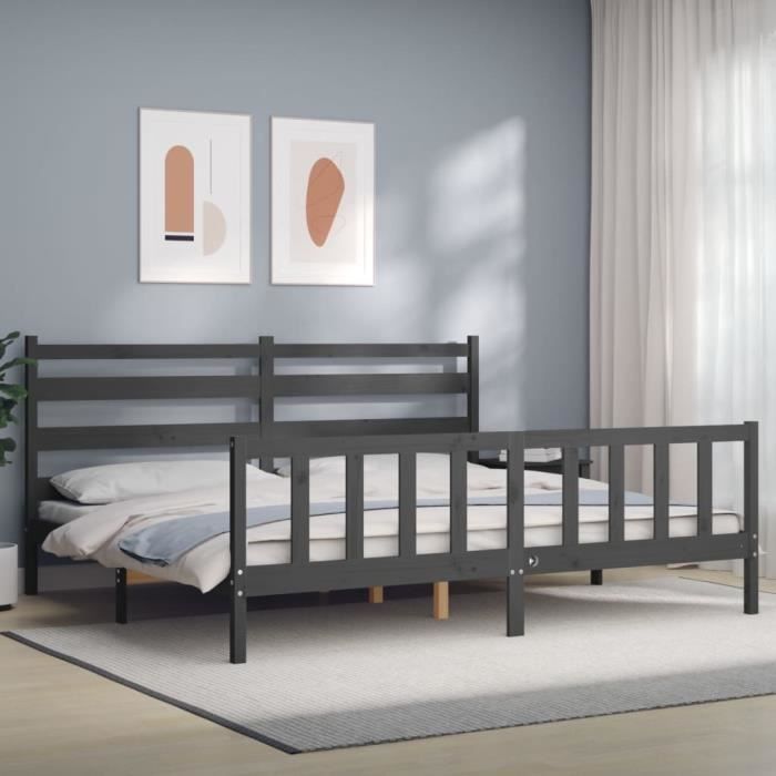 VidaXL Cadre de lit avec tête de lit gris 200x200 cm bois massif 3192058