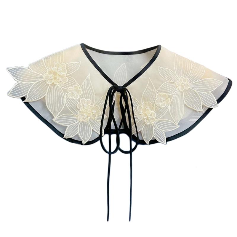 Women Girls Vintage Lolita False Fake Collar Shawl Sweet Ruffles Lace-Up Bow Decorative Necklace Choker Short Poncho