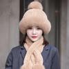 Women's winter warm two-piece scarf hat set, Rex rabbit wool thread thickened fur straw hat real hair scarf
