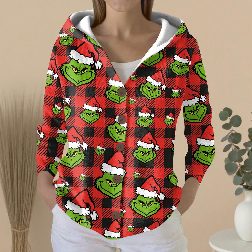 Women's Fashion Casual Sweater Button-Up Print Cardigan  Hooded Jacket