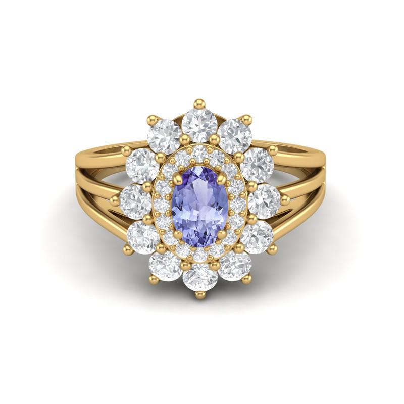 Piatră prețioasă Tanzanit Ovală 6X4MM Argint Sterling 925 Placat cu Aur Inel Halo Cu Braț Despicat