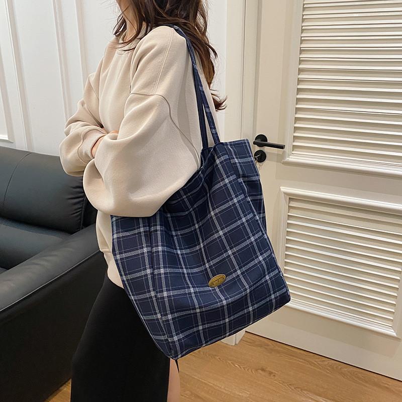 Stylish Korean Literary Inspired Plaid Double-sided Shoulder Tote Bag For School Use